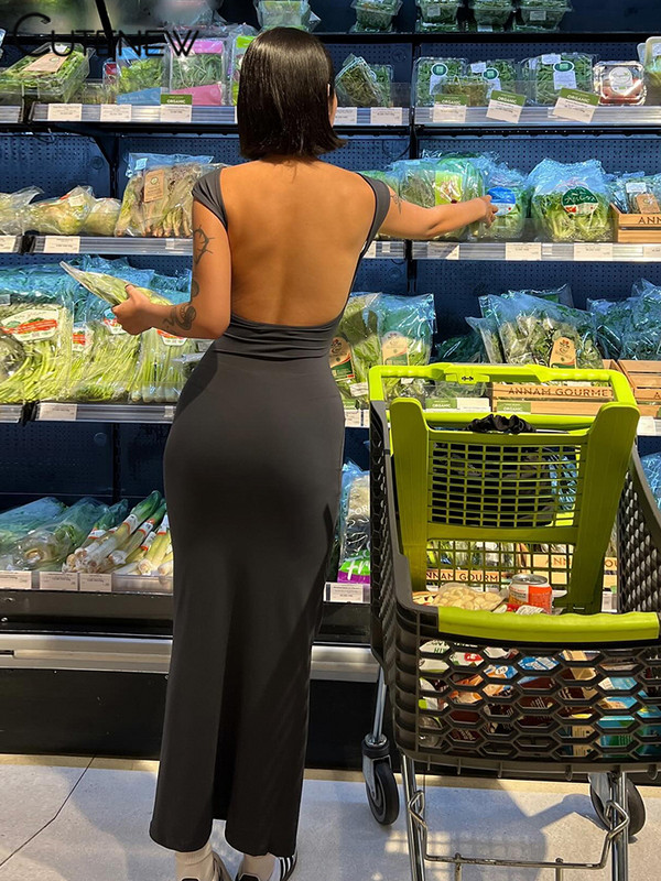 Aranyos, elegáns, rövid ujjú Bodycon Maxi ruha O-nyakú, tömör női hát nélküli nyári szexi utcai ruházat, sztreccs köntös női ruhák