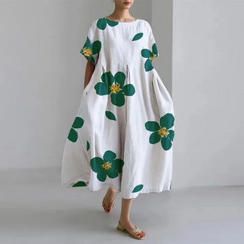 Γυναικείο φθινοπωρινό casual φαρδύ φόρεμα Flower printing O λαιμό κοντό μανίκι μεγάλο μέγεθος σε γραμμή Α φούστα Lady Fashion Street Hipster Vestidos