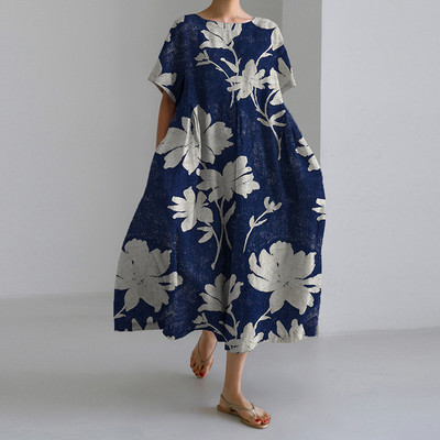 Női őszi alkalmi laza ruha virágmintás nyakkivágással, rövid ujjú, nagyméretű, A-vonalú szoknya hölgy divat utcai csípő ruhák