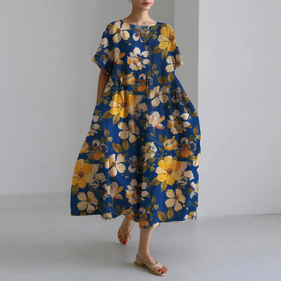 Női őszi alkalmi laza ruha virágmintás nyakkivágással, rövid ujjú, nagyméretű, A-vonalú szoknya hölgy divat utcai csípő ruhák