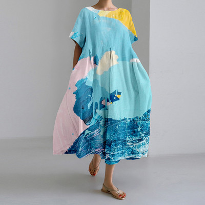 Női őszi alkalmi laza ruha virágmintás nyakkivágással, rövid ujjú, nagyméretű, A-vonalú szoknya hölgy divat utcai csípő ruhák