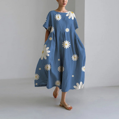 Női őszi alkalmi laza ruha virágmintás nyakkivágással, rövid ujjú, nagyméretű, A-vonalú szoknya hölgy divat utcai csípő ruhák