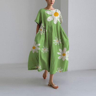 Női őszi alkalmi laza ruha virágmintás nyakkivágással, rövid ujjú, nagyméretű, A-vonalú szoknya hölgy divat utcai csípő ruhák