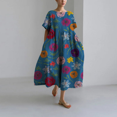 Női őszi alkalmi laza ruha virágmintás nyakkivágással, rövid ujjú, nagyméretű, A-vonalú szoknya hölgy divat utcai csípő ruhák