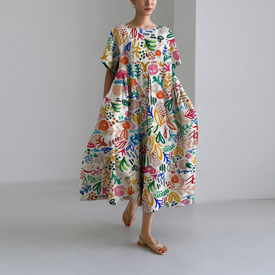 Női őszi alkalmi laza ruha virágmintás nyakkivágással, rövid ujjú, nagyméretű, A-vonalú szoknya hölgy divat utcai csípő ruhák