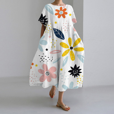 Női őszi alkalmi laza ruha virágmintás nyakkivágással, rövid ujjú, nagyméretű, A-vonalú szoknya hölgy divat utcai csípő ruhák