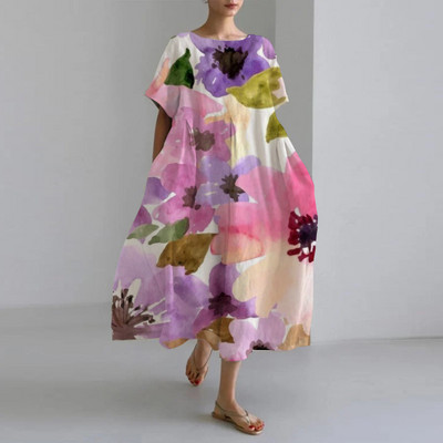 Női őszi alkalmi laza ruha virágmintás nyakkivágással, rövid ujjú, nagyméretű, A-vonalú szoknya hölgy divat utcai csípő ruhák