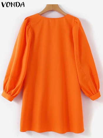 VONDA Дамски елегантен сарафан Едноцветна къса мини рокля 2024 Лято 2024 г. Квадратна яка с дълъг ръкав Ежедневни плисирани свободни дрехи