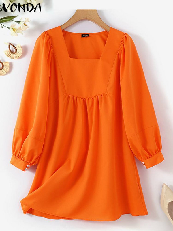 VONDA női elegáns napruha, egyszínű, rövid mini ruha 2024-es nyári hosszú ujjú, négyzetes gallérral, alkalmi, hajtogatott, bő nadrág