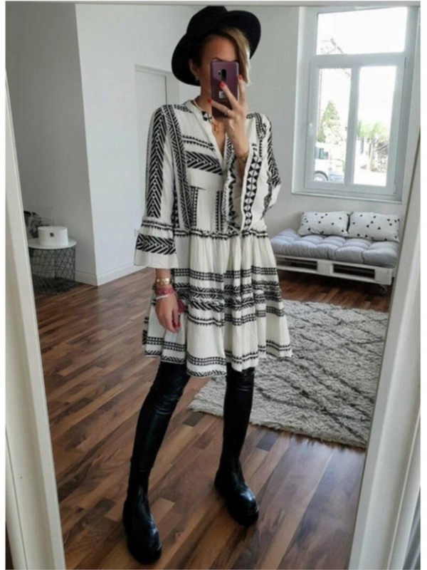 Női rövid ruha tavaszi nyári V-nyakú, hosszú ujjú bohém tengerparti ruha Alkalmi ingázás gombnyomásos női ruha 2023