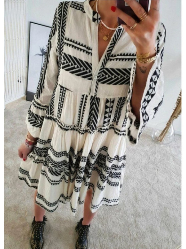 Női rövid ruha tavaszi nyári V-nyakú, hosszú ujjú bohém tengerparti ruha Alkalmi ingázás gombnyomásos női ruha 2023