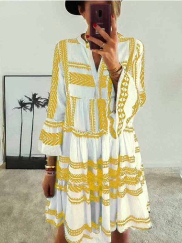 Női rövid ruha tavaszi nyári V-nyakú, hosszú ujjú bohém tengerparti ruha Alkalmi ingázás gombnyomásos női ruha 2023