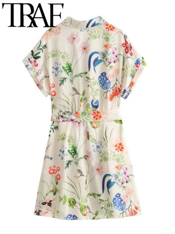 TRAF 2024 Лятна модна дамска рокля с копринена текстура с щампи на цветя Ежедневни тънки рокли с къс ръкав и колан Миди рокли Vestidos Mujer