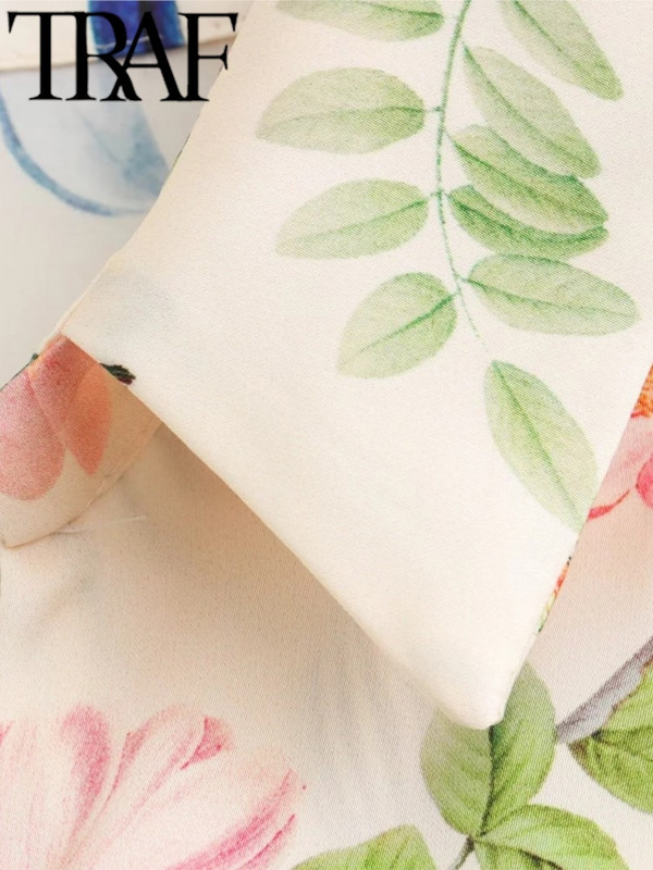 TRAF 2024 nyári divatos női virágmintás selyem textúra ruha alkalmi vékony, rövid ujjú övvel Midi ruhák Vestidos Mujer