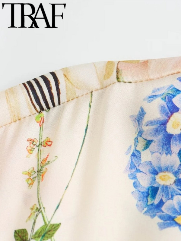 TRAF 2024 nyári divatos női virágmintás selyem textúra ruha alkalmi vékony, rövid ujjú övvel Midi ruhák Vestidos Mujer