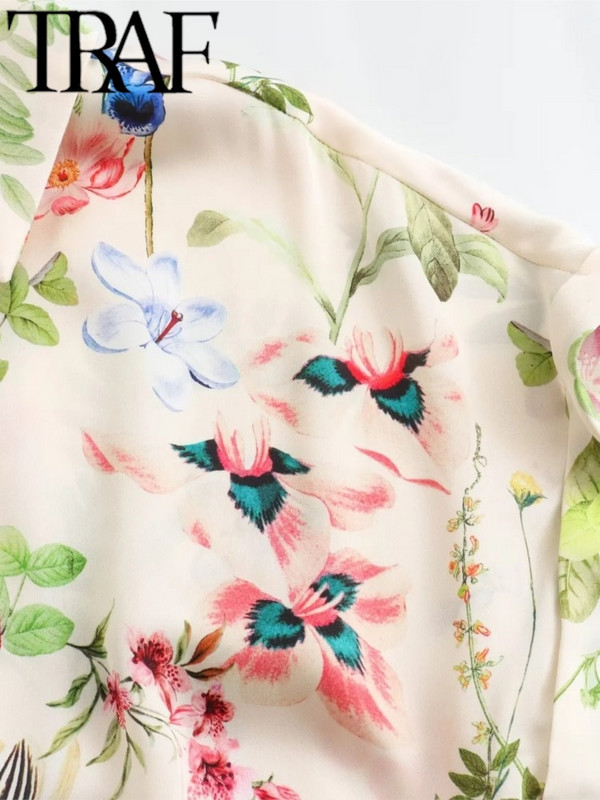 TRAF 2024 nyári divatos női virágmintás selyem textúra ruha alkalmi vékony, rövid ujjú övvel Midi ruhák Vestidos Mujer