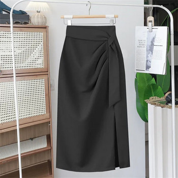 Елегантна плисирана пола с шнурове Корейска мода с цип с висока талия A-line midi поли за жени Streetwear Универсална пола