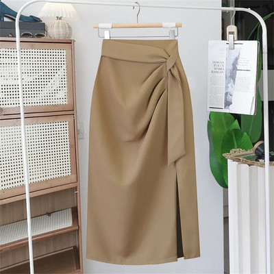 Elegáns, hajtogatott, húzózsinóros szoknya koreai divatos cipzárral, magas derekú, A-vonalú midi szoknyák nőknek utcai ruházattal, mindenre alkalmas szoknya