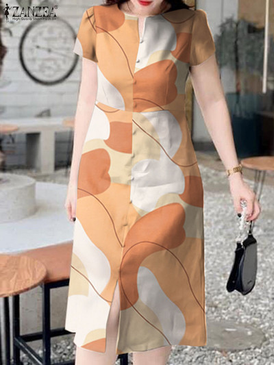 ZANZEA női ünnepi Midi ruha divatos virágmintás Sundress Vintage rövid ujjú hasított Vestidos alkalmi 2024 nyári hosszú ruha