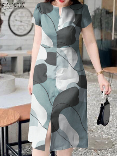 ZANZEA női ünnepi Midi ruha divatos virágmintás Sundress Vintage rövid ujjú hasított Vestidos alkalmi 2024 nyári hosszú ruha