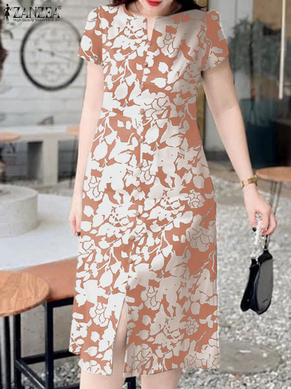 ZANZEA női ünnepi Midi ruha divatos virágmintás Sundress Vintage rövid ujjú hasított Vestidos alkalmi 2024 nyári hosszú ruha
