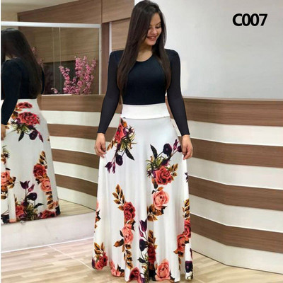 Elegáns női hosszú ruha virágos retro nyomott patchwork hosszú ujjú bankett maxi köntös S-5XL