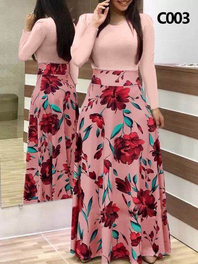 Elegáns női hosszú ruha virágos retro nyomott patchwork hosszú ujjú bankett maxi köntös S-5XL