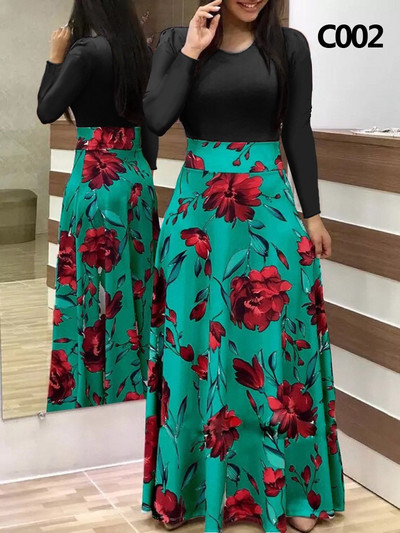 Elegáns női hosszú ruha virágos retro nyomott patchwork hosszú ujjú bankett maxi köntös S-5XL