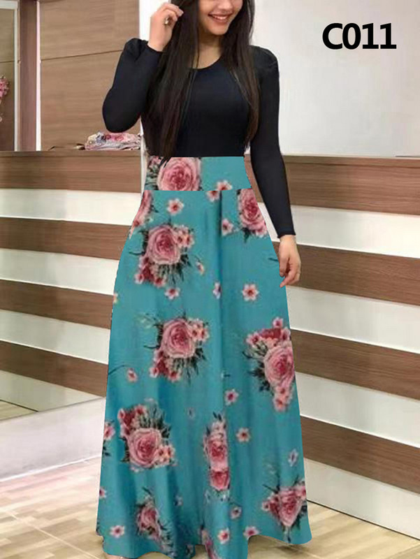 Elegáns női hosszú ruha virágos retro nyomott patchwork hosszú ujjú bankett maxi köntös S-5XL