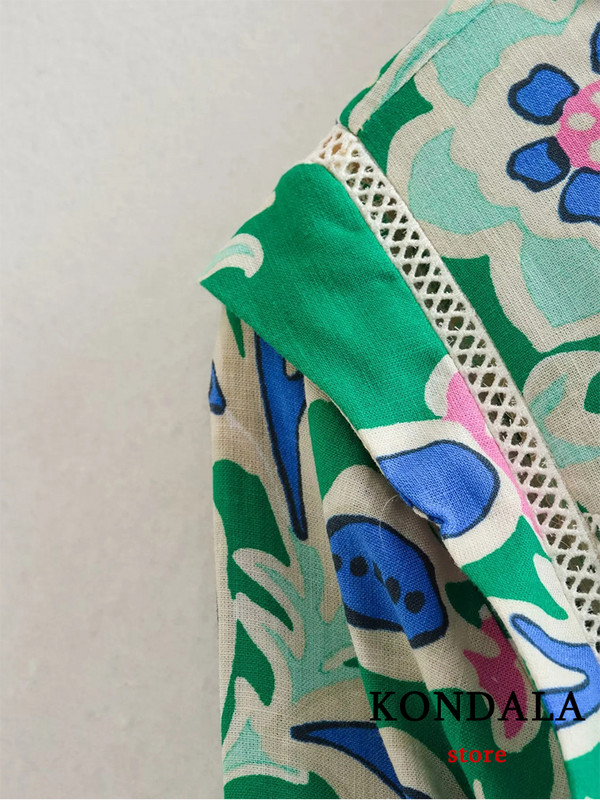 KONDALA Vintage Print Zöld A vonalas női ingruha divat 2023 nyári hosszú ujjú csipkeöv Elegáns alkalmi mini ünnepi ruhák