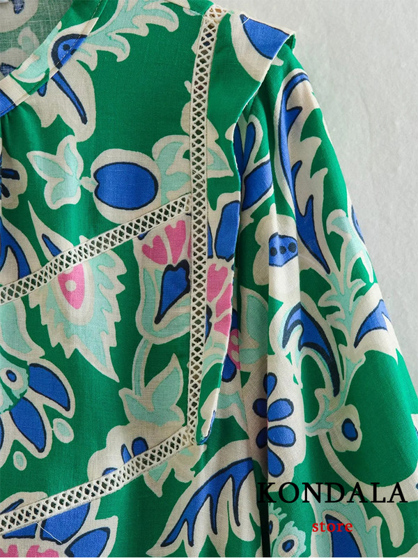KONDALA Vintage Print Zöld A vonalas női ingruha divat 2023 nyári hosszú ujjú csipkeöv Elegáns alkalmi mini ünnepi ruhák