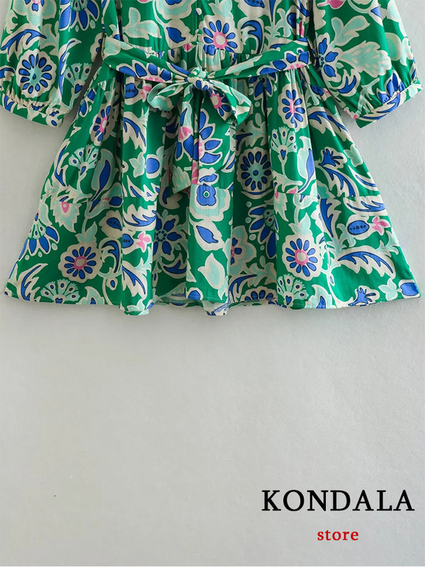 KONDALA Vintage Print Zöld A vonalas női ingruha divat 2023 nyári hosszú ujjú csipkeöv Elegáns alkalmi mini ünnepi ruhák