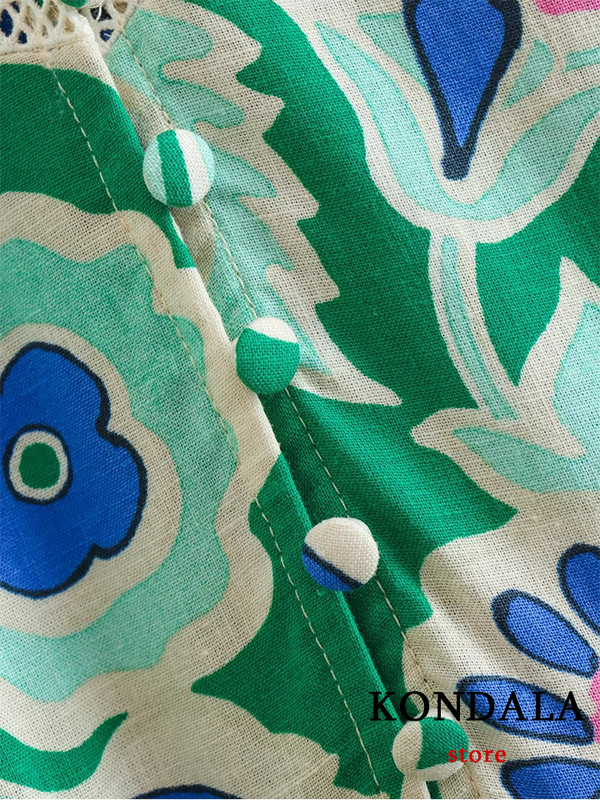 KONDALA Vintage Print Zöld A vonalas női ingruha divat 2023 nyári hosszú ujjú csipkeöv Elegáns alkalmi mini ünnepi ruhák