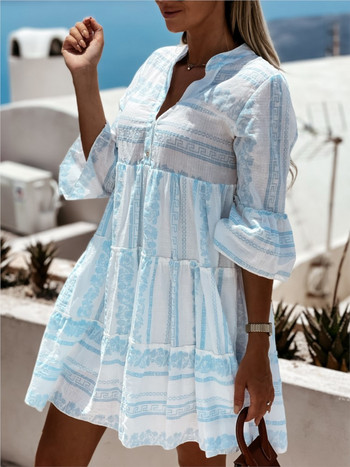 Γυναικεία στάμπα φόρεμα Fashion V λαιμόκοψη Casual Loose Beach Party Dresses for Women Robe Femme 2023 Νέο Elegnat Φθινοπωρινό φόρεμα