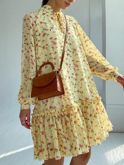 Nyári virágmintás sifon ruha vékony nőknek Szexi A-vonalú miniruha virágos hosszú ingekkel Laza női fodros blúz felső