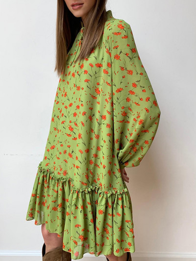 Nyári virágmintás sifon ruha vékony nőknek Szexi A-vonalú miniruha virágos hosszú ingekkel Laza női fodros blúz felső