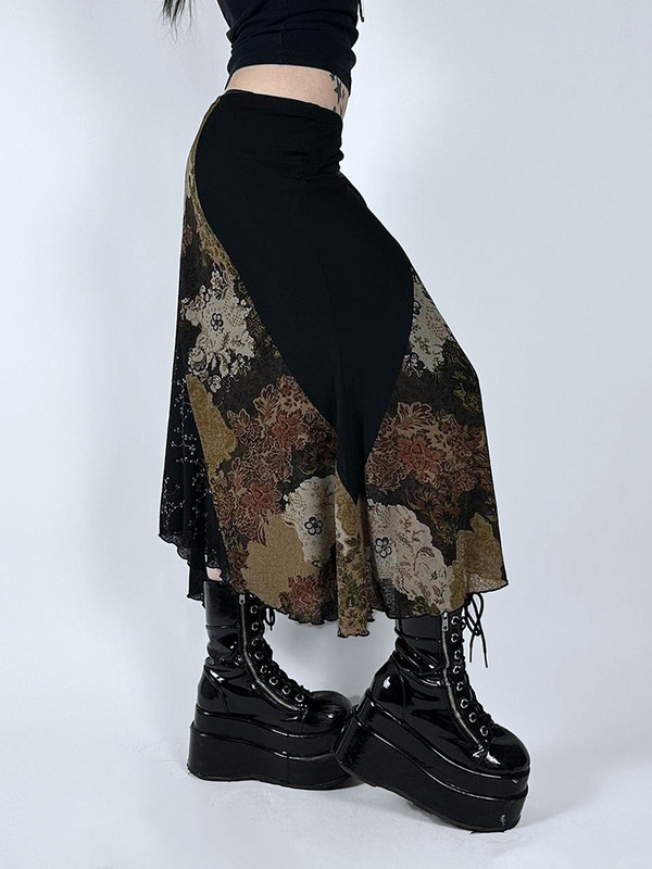 Weekeep y2k Vintage virágmintás hosszú szoknya, elegáns, átlátszó csipke, bő, A-vonalú midi szoknya, 90-es évek Harajuku női ruházat