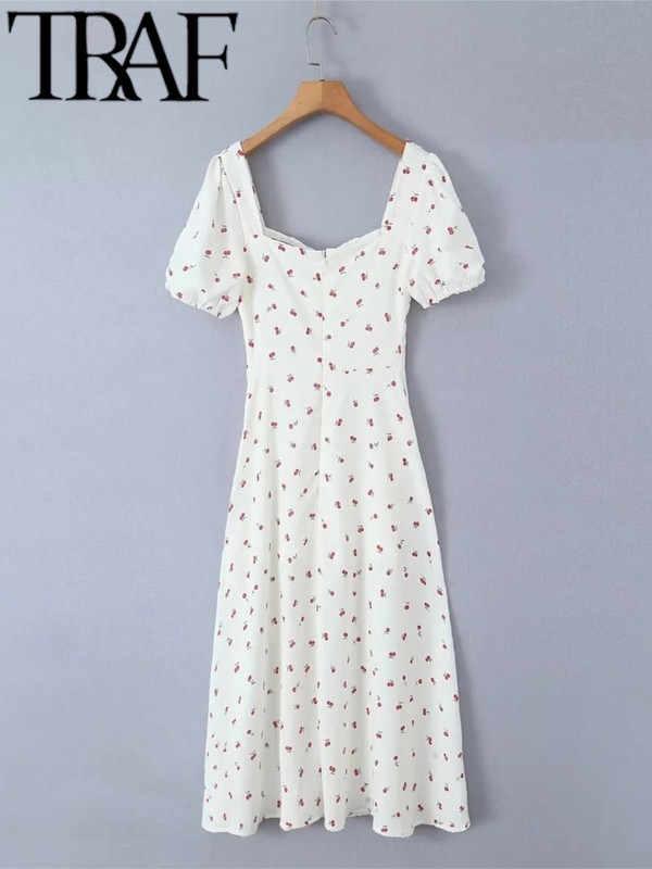 TRAF 2024 Női divatos fűzős és osztott tengerparti üdülőhelyi stílusú nyomtatott ruha alkalmi vékony, rövid ujjú U nyakú ruhák Vestidos