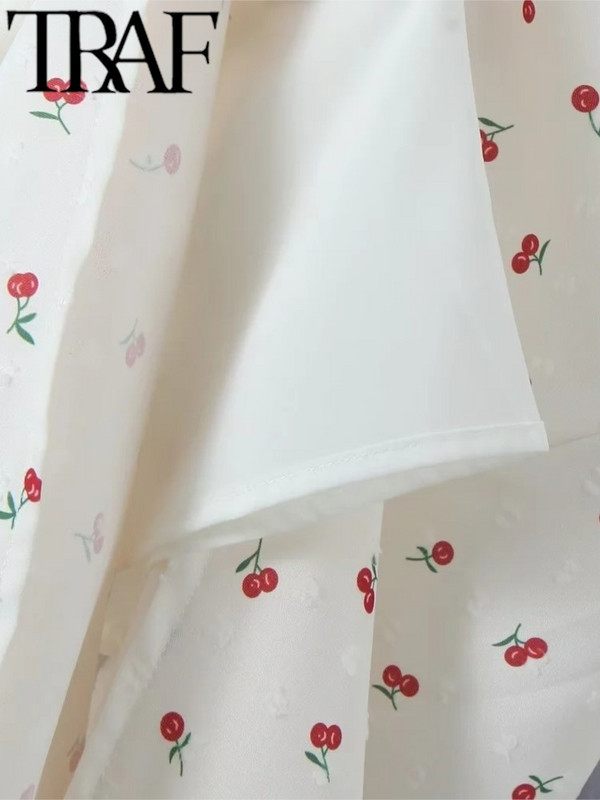 TRAF 2024 Női divatos fűzős és osztott tengerparti üdülőhelyi stílusú nyomtatott ruha alkalmi vékony, rövid ujjú U nyakú ruhák Vestidos