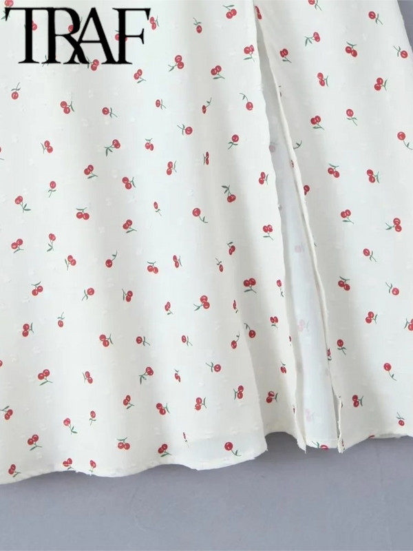 TRAF 2024 Női divatos fűzős és osztott tengerparti üdülőhelyi stílusú nyomtatott ruha alkalmi vékony, rövid ujjú U nyakú ruhák Vestidos