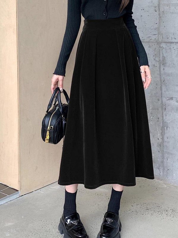 Őszi, téli meleg, vintage piros, elegáns bársony A-vonalú női szoknya 2023-as, magas derekú, alkalmi fekete parti redőzött nagy lengőszoknyák