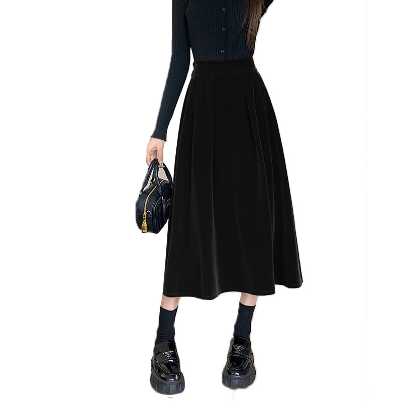 Őszi, téli meleg, vintage piros, elegáns bársony A-vonalú női szoknya 2023-as, magas derekú, alkalmi fekete parti redőzött nagy lengőszoknyák