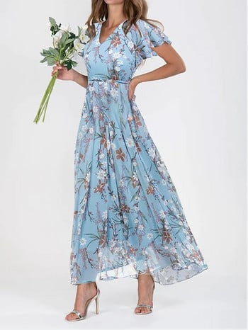 Γυναικεία Vintage Floral Printing Κομψό Γυναικείο Φόρεμα Καλοκαιρινό Κομψό με V λαιμό μάξι φορέματα πάρτι Casual Chiffon Beach Long Dress Vestido