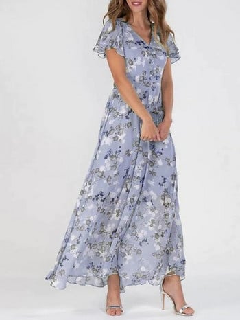 Γυναικεία Vintage Floral Printing Κομψό Γυναικείο Φόρεμα Καλοκαιρινό Κομψό με V λαιμό μάξι φορέματα πάρτι Casual Chiffon Beach Long Dress Vestido