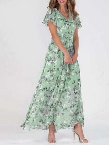 Γυναικεία Vintage Floral Printing Κομψό Γυναικείο Φόρεμα Καλοκαιρινό Κομψό με V λαιμό μάξι φορέματα πάρτι Casual Chiffon Beach Long Dress Vestido