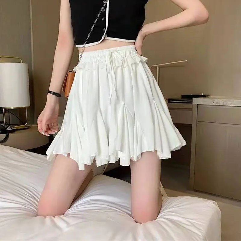 Divatos, teljesen egybevágó mini szoknyák nőknek koreai stílusú, magas derekú, fűzős fehér szoknya, női nyári új fodros rövid szoknya