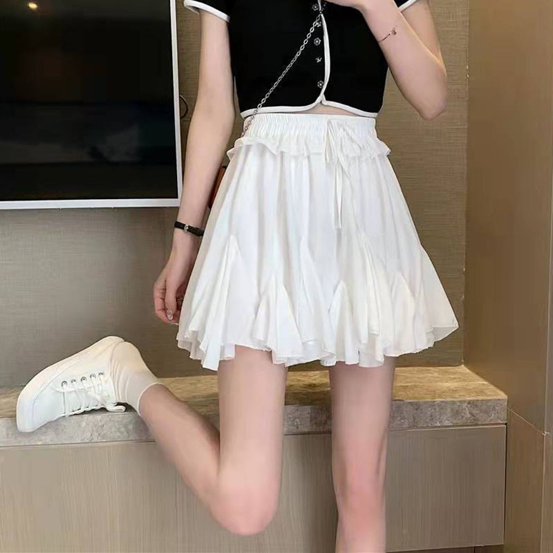 Divatos, teljesen egybevágó mini szoknyák nőknek koreai stílusú, magas derekú, fűzős fehér szoknya, női nyári új fodros rövid szoknya