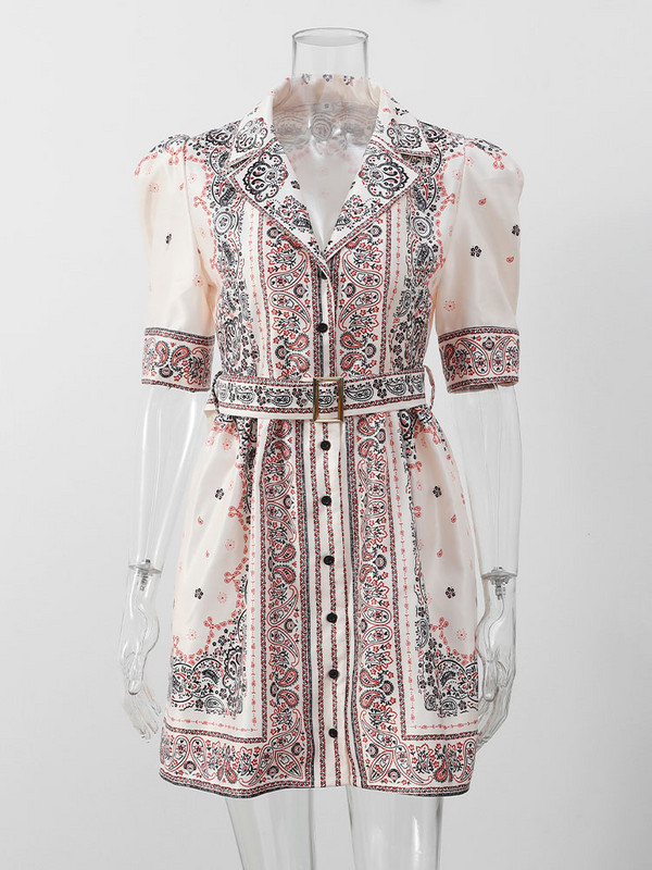 Vintage nyomtatott egymellű öv mini ruha nőknek Elegáns hajtókás rövid ujjú ruhák 2024 Summer Lady High Vestidos