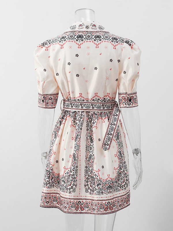 Vintage nyomtatott egymellű öv mini ruha nőknek Elegáns hajtókás rövid ujjú ruhák 2024 Summer Lady High Vestidos