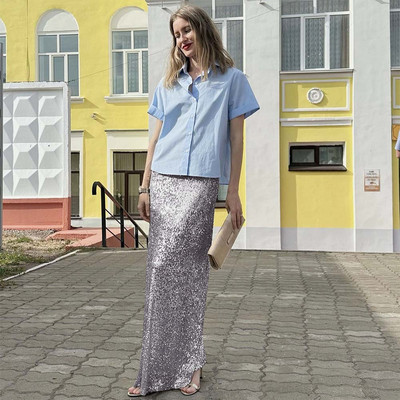 Trombita szoknya női őszi tél új tömör flitterekkel, magas derekú karcsú elegáns koreai alkalmi divat fényes szoknya Y2k parti szoknya